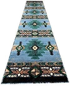 YHSF South West Native American Area Rug C318 - Easy Clean, Thick, Soft, Durable Native Tribal American Indian Inspired Rug for Bedroom/Living Room and More - Blue-Green, 2 ft 4 in x 10 ft 11 in