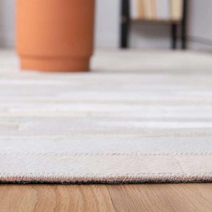 Premium Cowhide Leather Striped Area Rug, 6x9 ft, Beige, Contemporary Style, Hand-tufted, Indoor Use, Dining Room, 17.6 lbs
