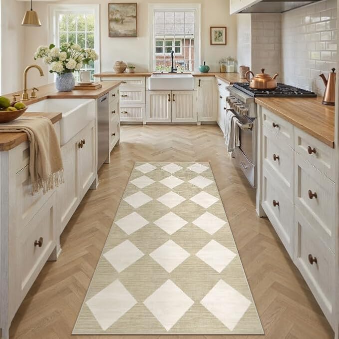 2x6 Runner Checkered Rug for Hallways Beige Washable Long Carpet Non-Slip Low Pile Boho Indoor Accent Throw Rug for Entrance Kitchen Bedroom Dining Laundry