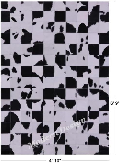 Modern Design Premium Cowhide Leather Carpet with Chevron Pattern, Area Rug (Black/White, 12x15)