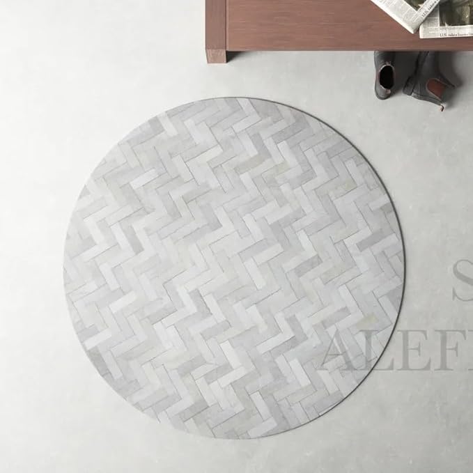 Sn Alef Home Soft Textured Round Rug | White & Grey Woven Carpet for Living Room Bedroom | Minimalist Handcrafted Circular Floor Mat for Home & Decor (Gray_6x6 ft)
