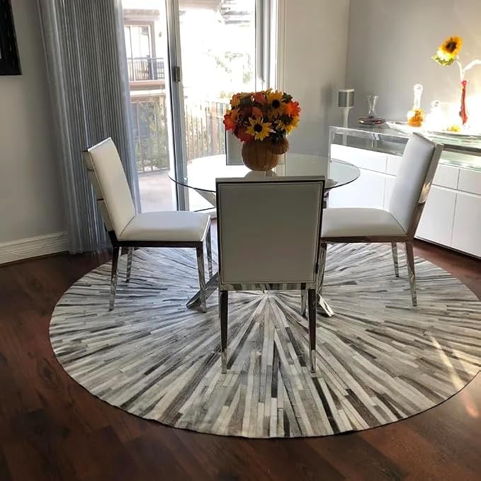 Faux Cowhide Round Area Rug | Non-Slip Leather Floor Carpet for Living Room, Bedroom, and Home Décor | Modern Stylish Accent Rug(Grey_4x4)
