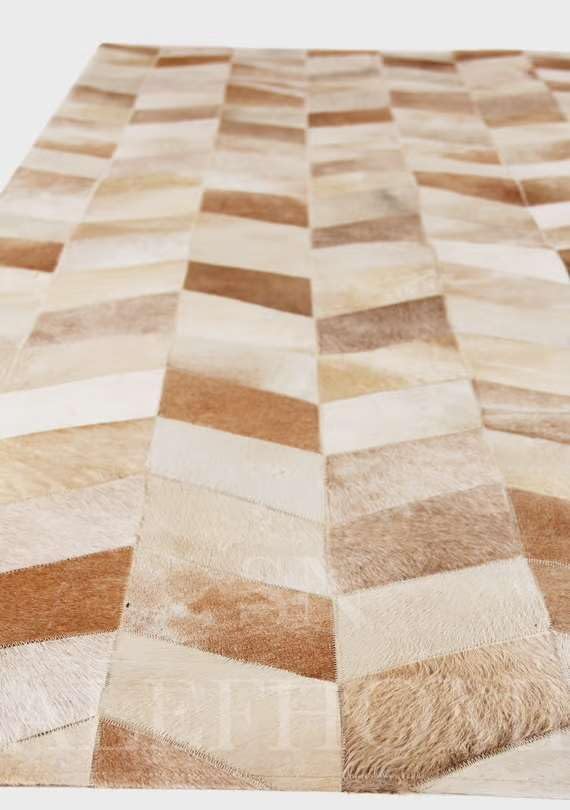 Faux Cowhide Chevron Pattern Area Rug – Beige Geometric Leather Carpet | Modern Durable Floor Accent for Living Room, Bedroom, Dining Room & Office | Size 6x9 ft