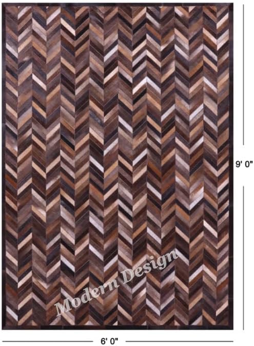 Modern Design Premium Cowhide Leather Carpet with Chevron Pattern, Area Rug (Natural Multi Brown, 2x3)