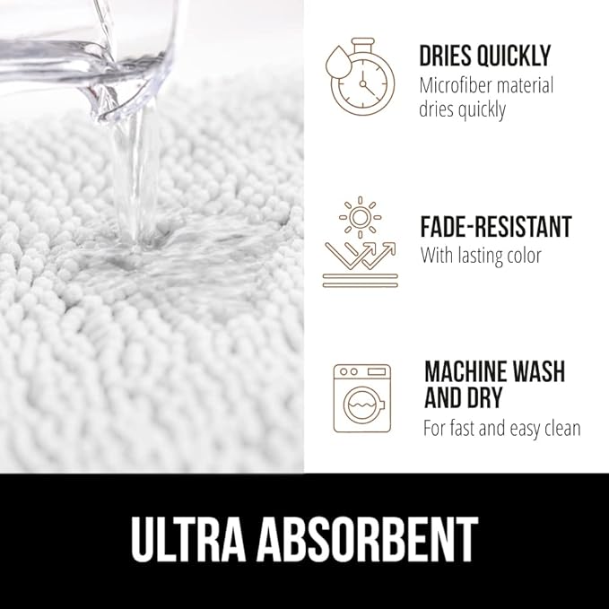 GORILLA GRIP Bath Rug Mat 36x24, Thick Soft Absorbent Chenille, Quick Dry Microfiber Mats, Rubber Backing Washable Shower Floor Rugs, Bathmat Runner, US Designed Bathroom Home Decor Accessories White