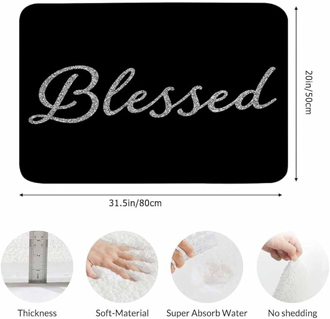 Black Glitter Blessed Bath Rugs Bible Verse Blessed Microfiber Bathroom Mat Soft Plush Shaggy Shower Mat for Bathroom Fluffy Comfortable Water Absorbent Carpet Non-Slip Machine Washable 20"X30"