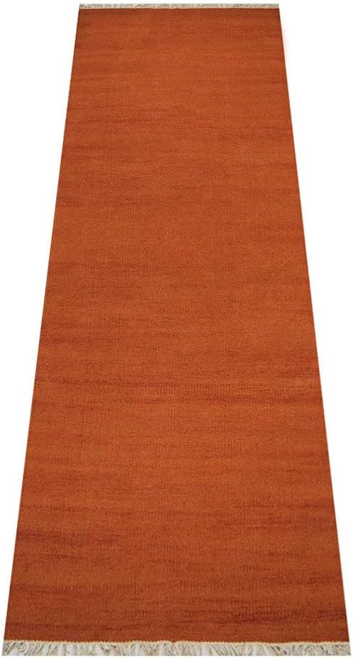 Rugsotic Carpets Hand Woven Flat Weave Kilim Wool ECO-Friendly Area Rugs - 2'6''x12', Runner Shape, Dark Orange Color, Solid Plain Design, Low Pile Handmade Rugs for Living Room (D00111)