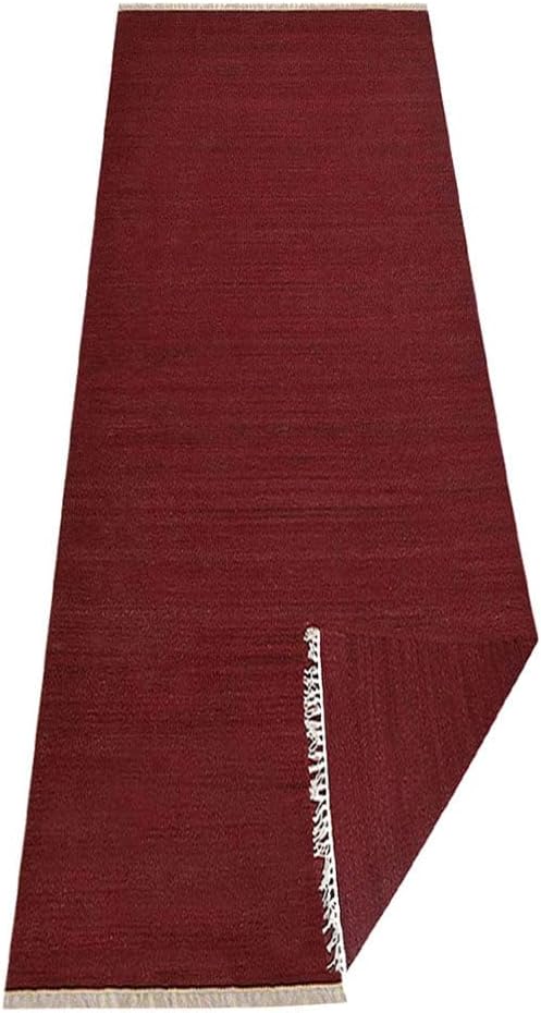 Rugsotic Carpets Hand Woven Flat Weave Kilim Wool ECO-Friendly Area Rugs - 2'6"x8', Runner Shape, Dark Red Color, Solid Plain Design, Low Pile Handmade Rugs for Living Room, Bed Room (D00111)