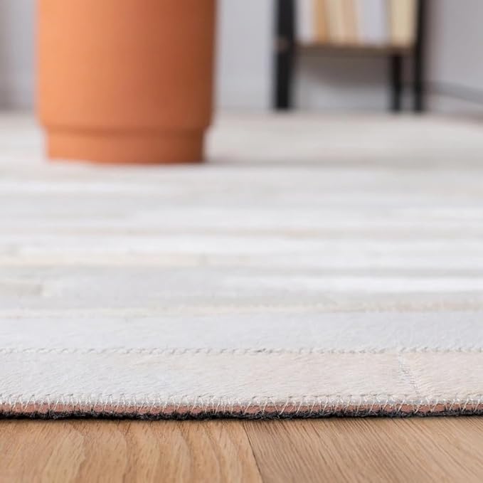 Cowhide Leather Rug for Living Room 9.9x14 Natural Leather Rug Modern Stripes Style Floor Carpet for Home Decor | Superior Indoor Area Rug, White