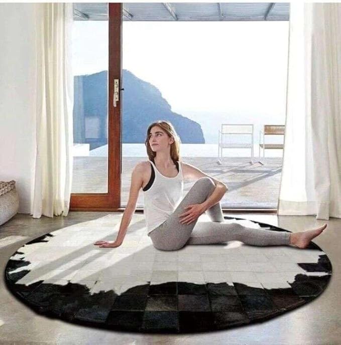 Round Geometric Patchwork Cowhide Leather Area Rug | Washable Non-Slip Carpet for Living Room, Bedroom & Home Décor(9x9 ft_White & Black)