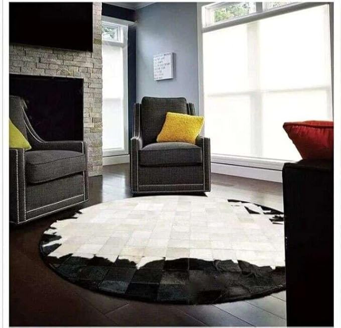 Round Geometric Patchwork Cowhide Leather Area Rug | Washable Non-Slip Carpet for Living Room, Bedroom & Home Décor(6x6 ft_White & Black)