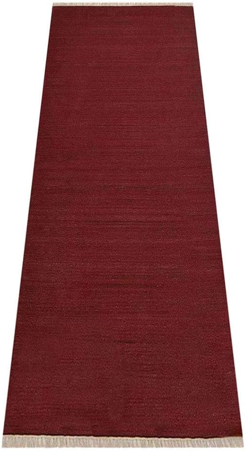 Rugsotic Carpets Hand Woven Flat Weave Kilim Wool ECO-Friendly Area Rugs - 2'6''x10', Runner Shape, Dark Red Color, Solid Plain Design, Low Pile Handmade Rugs for Living Room, Bed Room (D00111)