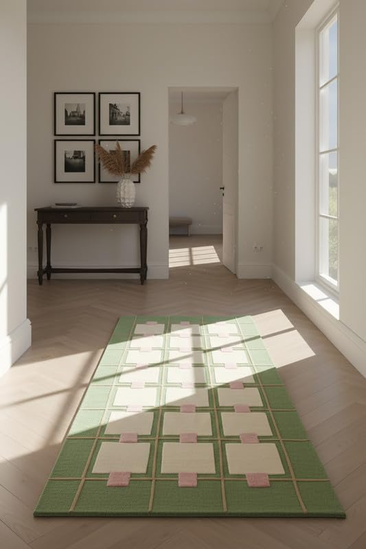 Greer Wool Area Rug - Soft Hand-Tufted Geometric Design with Pink and Green Color Palette, Perfect for Modern Home Decor (4x6 Ft)