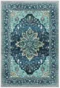 Area Rugs 4'x5' Washable Non-Slip, Floral Vintage Distress Print Pattern Medallion Carpet for Living Room Bedroom Dining Room, Teal Green Lake Blue Turquoise