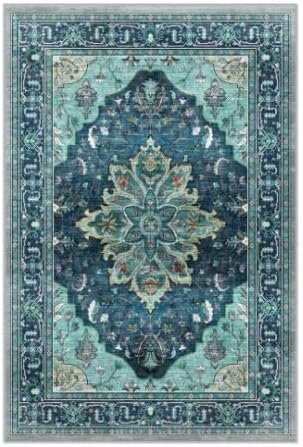 Area Rugs Square 10ft Washable Non-Slip, Floral Vintage Distress Print Pattern Medallion Carpet for Living Room Bedroom Dining Room, Teal Green Lake Blue Turquoise