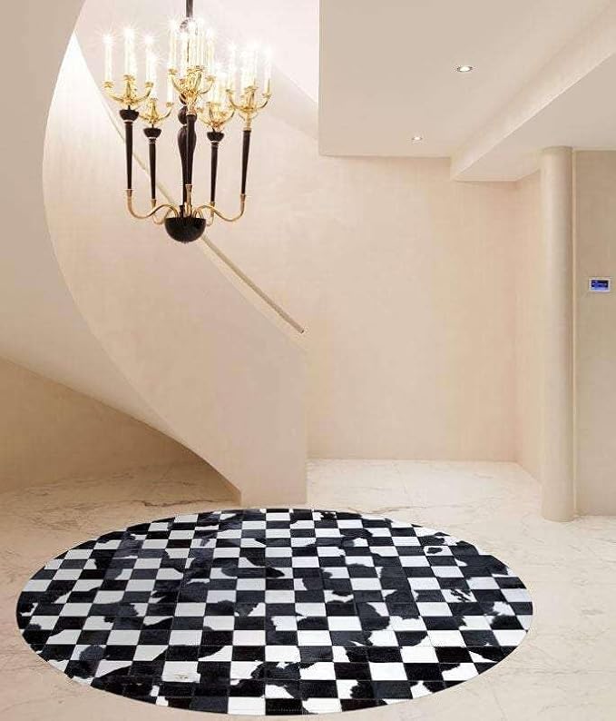 Sn Alef Home Black & White Round Rug | Checkered Floral Designer Carpet for Living Room | Handcrafted Circular Floor Mat for Home Decor & Meditation Space(8x8)