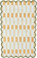 Handmade Woven Area Rug 5 x 8 ft with Scalloped Border, Cream and Mustard Checkered Pattern, Soft Decorative Rug for Living Room, Bedroom, Nursery