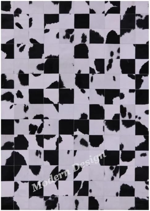 Modern Design Premium Cowhide Leather Carpet with Chevron Pattern, Area Rug (Black/White, 12x15)