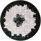 Round Black & White Cowhide Leather Area Rug – Modern Geometric Circle Carpet for Bedroom, Living Room, Dining, or Office – Soft, Non-Slip, Washable Accent Floor Rug | 8x8 ft