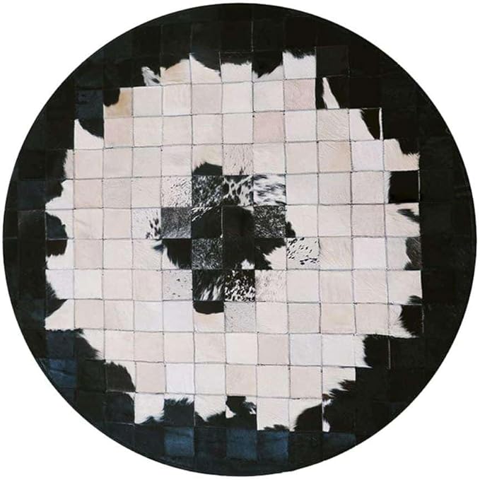 Round Black & White Cowhide Leather Area Rug – Modern Geometric Circle Carpet for Bedroom, Living Room, Dining, or Office – Soft, Non-Slip, Washable Accent Floor Rug | 4x4 ft