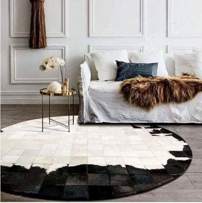 Round Geometric Patchwork Cowhide Leather Area Rug – Washable Non-Slip Modern Carpet for Living Room, Bedroom, Office & Home Décor, Faux Cowhide Accent Rug (Black & White, 10×10ft)