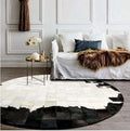 Round Geometric Patchwork Cowhide Leather Area Rug – Washable Non-Slip Modern Carpet for Living Room, Bedroom, Office & Home Décor, Faux Cowhide Accent Rug (Black & White, 7×7ft)