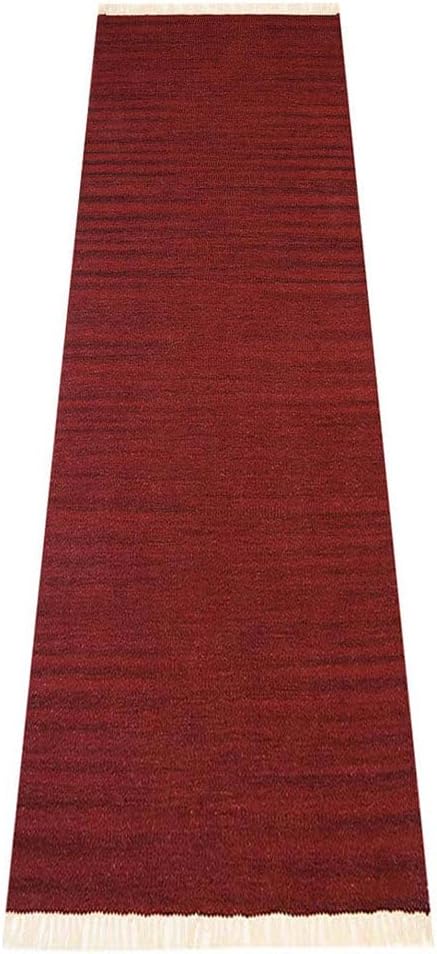 Rugsotic Carpets Hand Woven Flat Weave Kilim Wool ECO-Friendly Area Rugs - 2'6''x10', Runner Shape, Burgundy Color, Solid Plain Design, Low Pile Handmade Rugs for Living Room, Bed Room (D00111)
