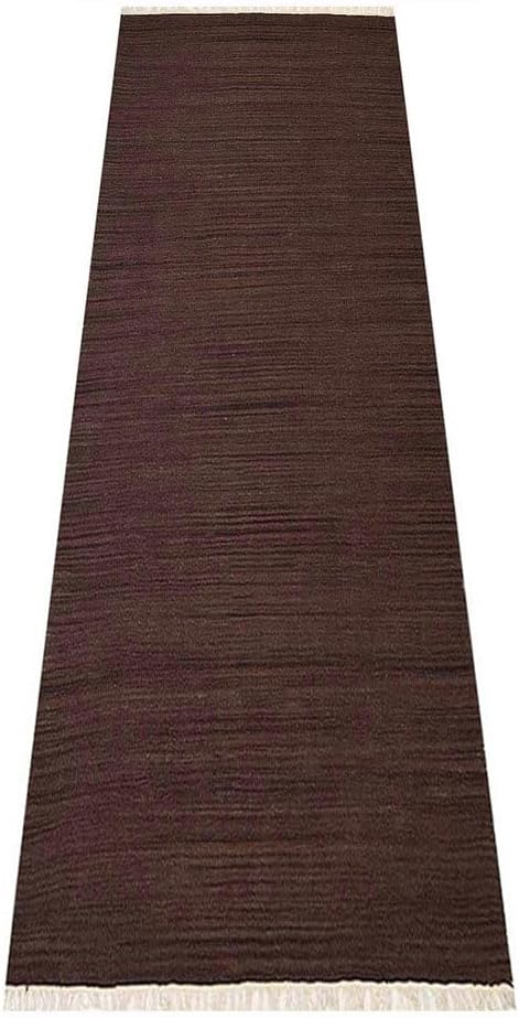 Rugsotic Carpets Hand Woven Flat Weave Kilim Wool ECO-Friendly Area Rugs - 3'x13', Runner Shape, Dark Brown Color, Solid Plain Design, Low Pile Handmade Rugs for Living Room, Bed Room (D00111)