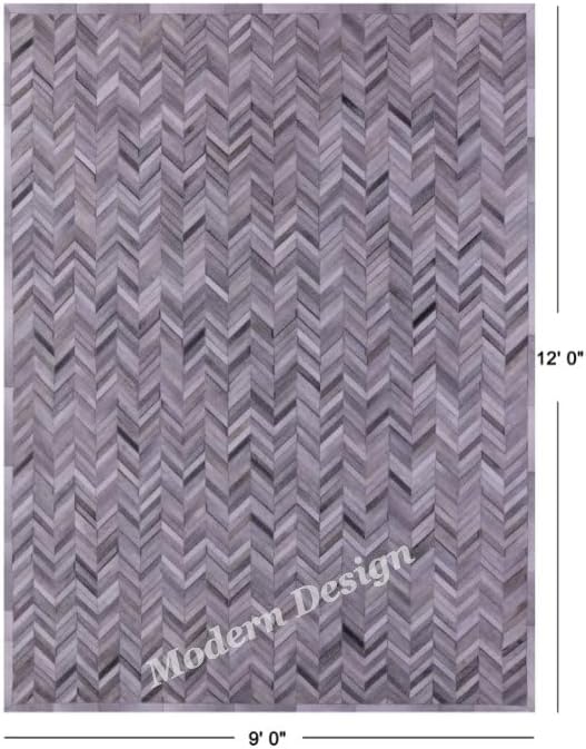 Modern Design Premium Cowhide Leather Carpet with Chevron Pattern, Area Rug (Natural Multi Grey, 3x5)