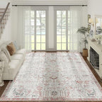 jinchan Kalen Area Rug 9x12 Washable Living Room Rug Vintage Indoor Large Floor Cover Retro Accent Mat Distressed Floral Country Boho Non Slip Thin Carpet for Bedroom Dining Room Office Red Multi