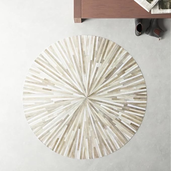 Faux Cowhide Round Area Rug | Non-Slip Leather Floor Carpet for Living Room, Bedroom, and Home Décor | Modern Stylish Accent Rug(Beige_8x8)