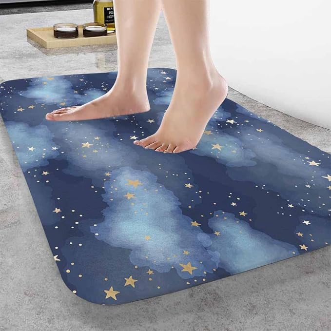 Stars and Clouds Bath Mats for Bathroom Dark Blue Watercolor Night Sky Galaxy Universe Space Floor Bath Rugs Machine Washable Bathmat Carpet Rug Room Decor for Shower Floor 16 X 24 inch Mat