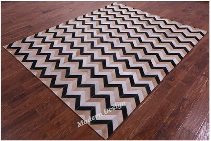 Modern Design Premium Cowhide Leather Carpet with Chevron Pattern, Area Rug (Beige/Black/Grey/Ivory, 3x14)