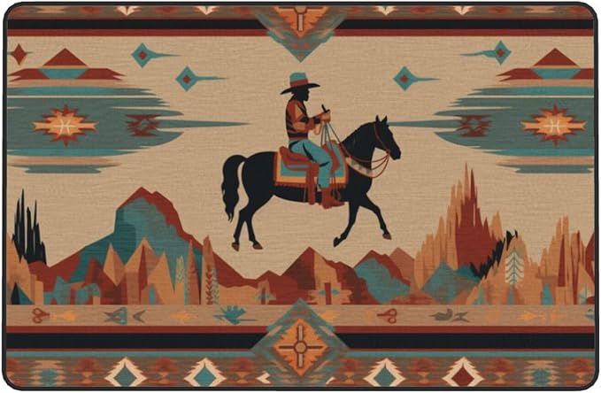 Horse Western Boho Ethnic Style Area Rug Washable Outdoor Rugs Anti-Slip Soft Carpet Entryway Indoor Door Mat for Bedroom,Living Room,Porch,Terrace and Entrance Decor 3'x 2'