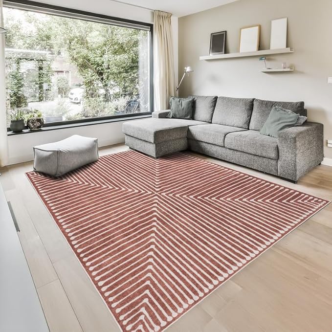 GLN Rugs Contemporary Collection - Machine Washable Area Rug, Contemporary Washable, Non Slip, Low Pile Chenille Rug, Living Room, Bedroom, Kitchen Rug (4' x 6' Beige Orange)