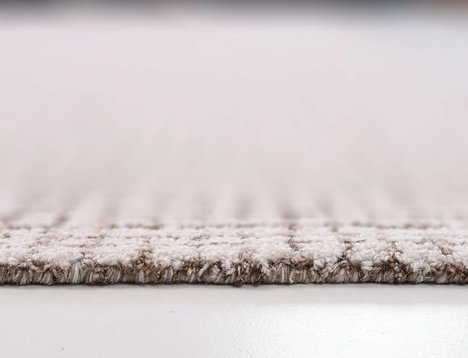 Hand-Tufted 100% Wool Pile Area Rug – Geometric Textured Grid Check Pattern – Thick and Durable Floor Carpet for Bedroom, Living Room, Kids Room, and Dining Area (Ivory-Brown, 6' x 8')