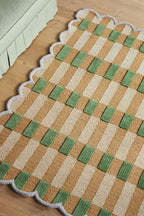 Handmade Scalloped Wool Area Rug - Modern Geometric Pattern, Green-Beige Stripes, Checkered Chevron Design - Soft, Durable Thick Carpet for Living Room, Bedroom (Green, 4' x 6')