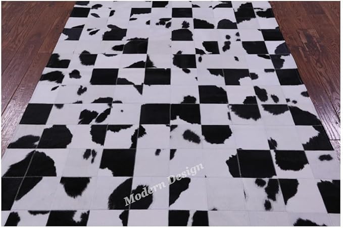 Modern Design Premium Cowhide Leather Carpet with Chevron Pattern, Area Rug (Black/White, 3x14)