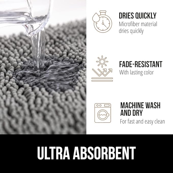 GORILLA GRIP Bath Rug Mat 30x20, Thick Soft Absorbent Chenille, Quick Dry Microfiber Mats, Rubber Backing Washable Shower Floor Rugs, US Designed Bathroom Bathmat Home Decor Accessories, Grey