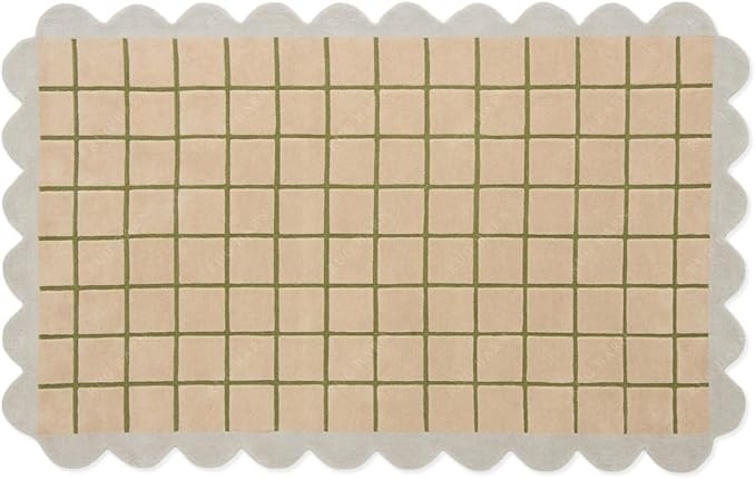 Scalloped Border Wool Area Rug with Windowpane Grid, Hand-Tufted, Beige-Blush with Sage Lines & Light Purple Edge - Soft High-Low Pile for Living Room, Bedroom, Nursery - 2.5x9 Ft (Runner)