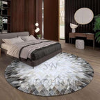 Cowhide Hairon Leather Round Rug, Geometric Patterned Circle Carpet for Living Room, Bedroom, Hall, Brown, 4×4ft