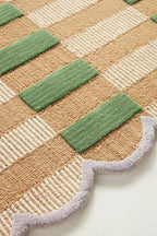 Handmade Scalloped Wool Area Rug - Modern Geometric Pattern, Green-Beige Stripes, Checkered Chevron Design - Soft, Durable Thick Carpet for Living Room, Bedroom (Green, 5' x 8')