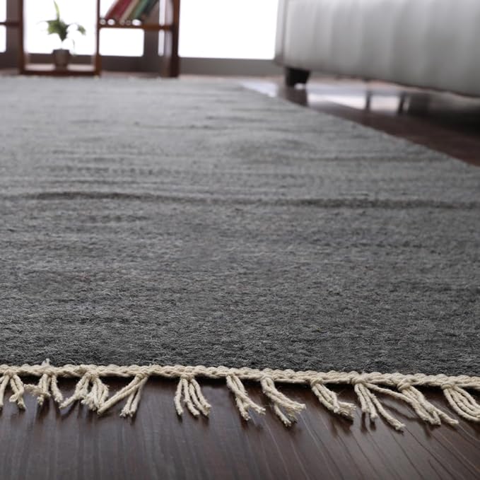 Rugsotic Carpets Hand Woven Flat Weave Kilim Wool ECO-Friendly Area Rugs - 8'x8', Square Shape, Charcoal Color, Solid Plain Design, Low Pile Handmade Area Rugs for Living Room, Bed Room (D00111)