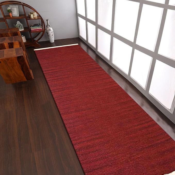Rugsotic Carpets Hand Woven Flat Weave Kilim Wool ECO-Friendly Area Rugs - 2'6''x12', Runner Shape, Burgundy Color, Solid Plain Design, Low Pile Handmade Rugs for Living Room, Bed Room (D00111)