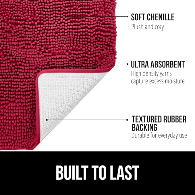 GORILLA GRIP Plush Absorbent Shaggy Chenille Bath Rug Mat for Oval Toilet Base with Rubber Backing, Machine Washable Rugs, Soft Microfiber Contour Mats for Toilets, Bathroom Decor, Red