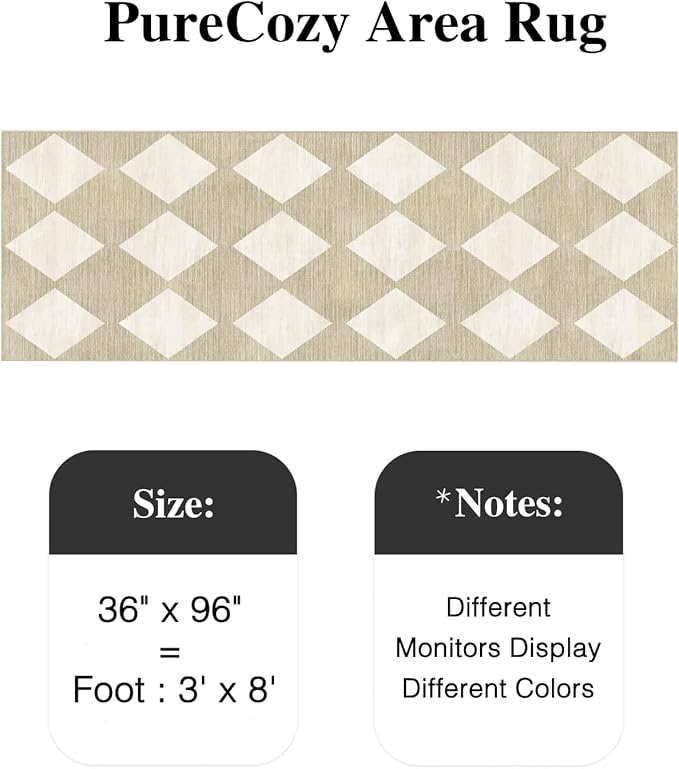 3x8 Runner Checkered Rug for Hallways Beige Washable Long Carpet Non-Slip Low Pile Boho Indoor Accent Throw Rug for Entrance Kitchen Bedroom Dining Laundry
