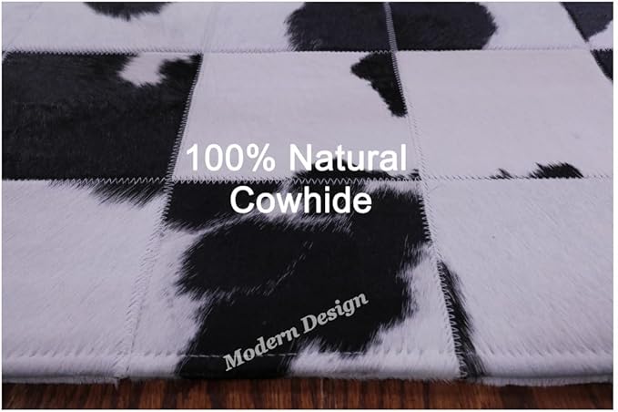 Modern Design Premium Cowhide Leather Carpet with Chevron Pattern, Area Rug (Black/White, 9x15)