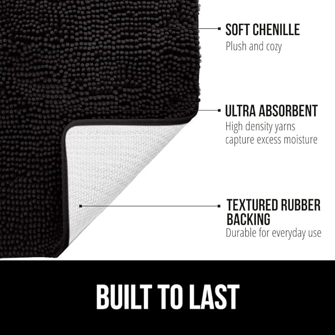 GORILLA GRIP Bath Rug Mat 54x24, Thick Soft Absorbent Chenille, Quick Dry Microfiber Mats, Rubber Backing Washable Shower Floor Rugs, Bathmat Runner, US Designed Bathroom Home Decor Accessories Black