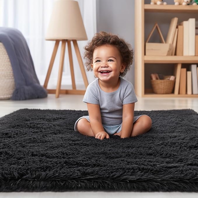 Zentavio Black Area Rugs for Living Room Bedroom 5x8 Large Men Room Carpet Fluffy Furry Shag Aesthetic Plush High Pile Floor Rug for Nursery Kids Room Dorm Home Decor