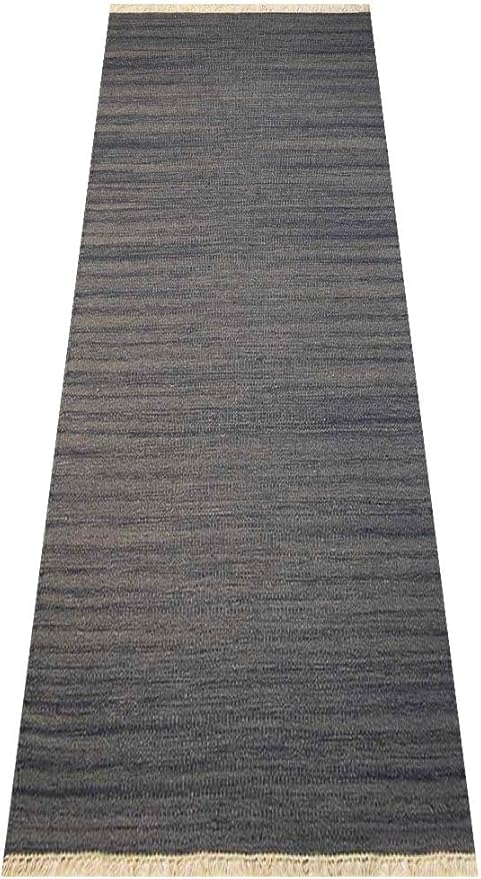 Rugsotic Carpets Hand Woven Flat Weave Kilim Wool 2'6''x10' Runner Area Rug Solid Silver D00111